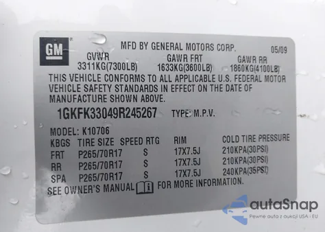 2009 GMC Yukon Slt2 из США, поврежденный, VIN 1GKFK33049R245267